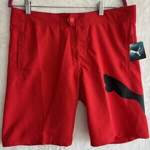 Puma 20” Boardshorts Red Mens 32 Swim Trunks Big Logo Regular Fit Water Repel